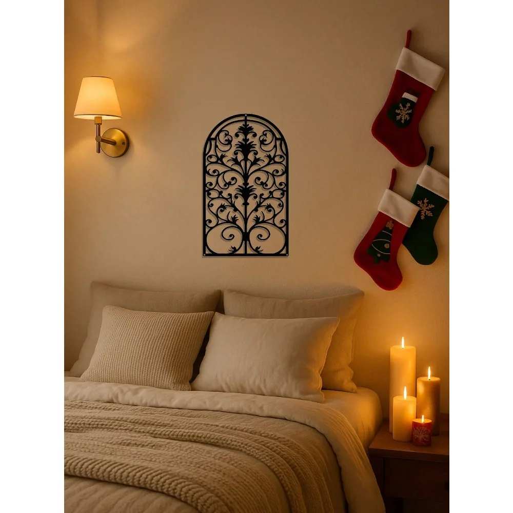 ديكور حائط معدني مزخرف عتيق من WindowArt - نمط إطار النافذة، فن الباروك الريفي، لهجة منزلية انتقائية حديثة