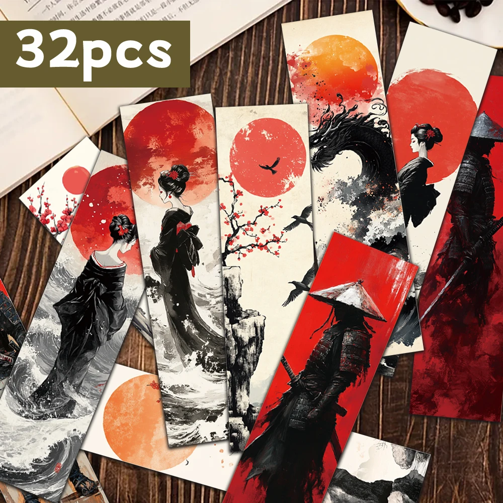 32pcs, Japanese Ukiyo-e Bookmarks, Red Sun / Geisha, Suitable for Teachers, Readers, and Book Lovers, Birthday Gifts