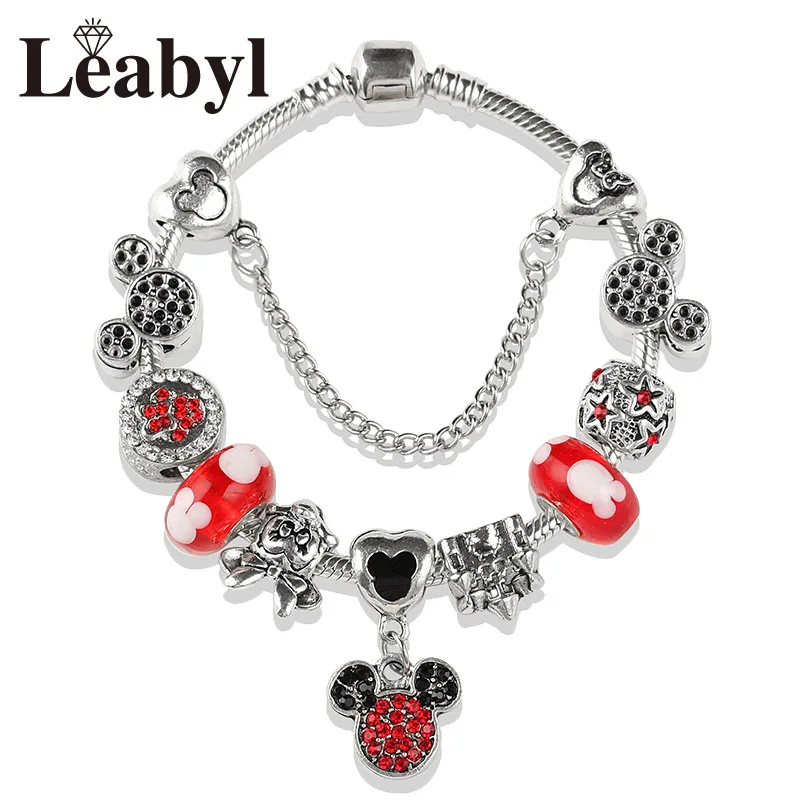 Potdemiel Classic Silver Color Castle Minnie Charm Bracelets Mix Style Red Crystal Bead Bracelet DIY Cartoon Mickey Jewlery Gift