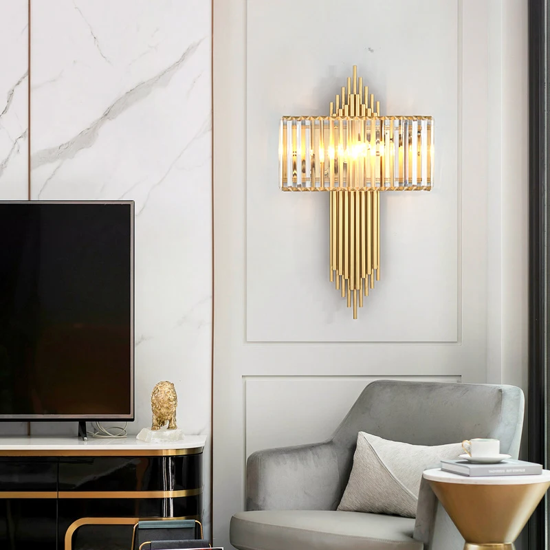 Modern Copper Strips Wall Lamp Gold Square Crystal Sconce Corridor Entrance Stair Light Restaurant Bedroom Living Room Wall Lamp