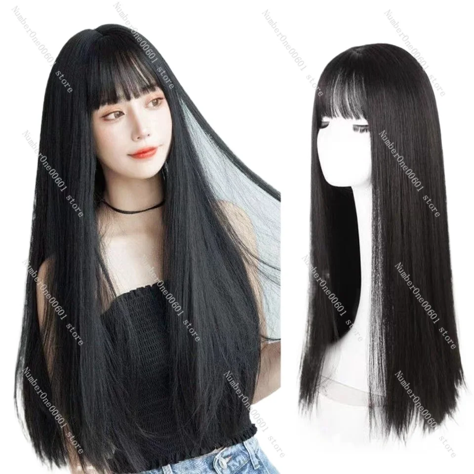 Wig, Women's Air Bangs, Long Straight Hair, Natural Full Head Cover, Mesh Style, Face Repair, Black