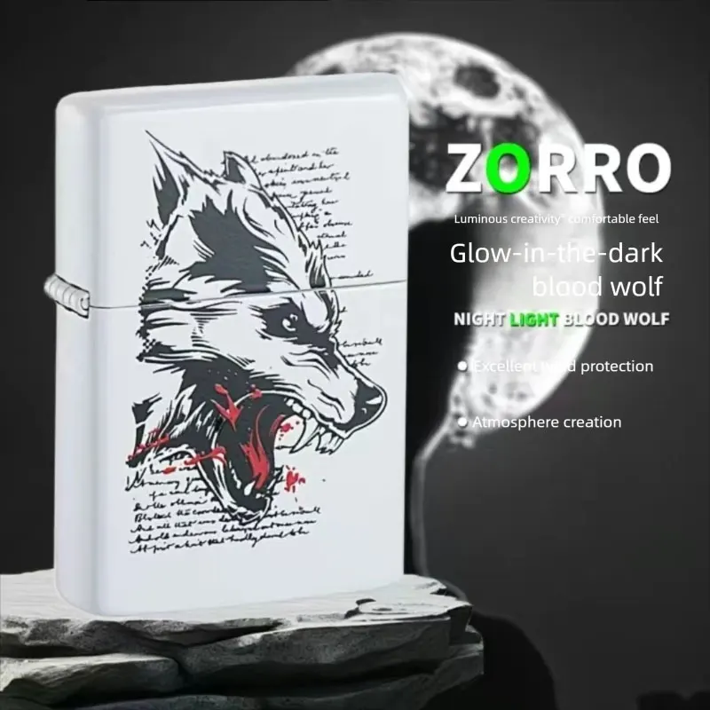 ZORRO Kerosinfeuerzeug mit leuchtender Farbe und Wolfsmuster, winddichte Schleifscheibe, Zigarettenbeleuchtungswerkzeug, Geschenk für Männer
