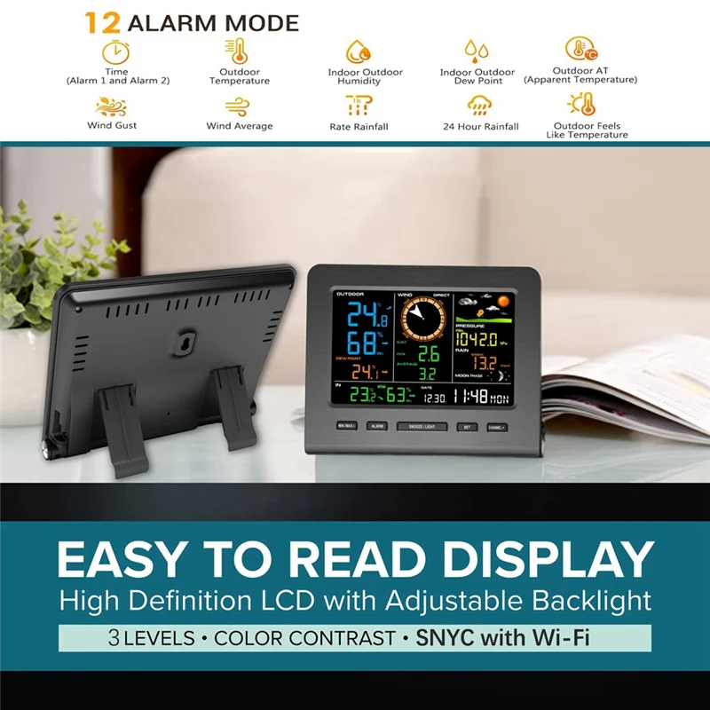 5-In-1 Wi-Fi 기상 관측소 디스플레이 및 풍속 및 방향 강우량 일기 예보 온도 습도-[Qahk]