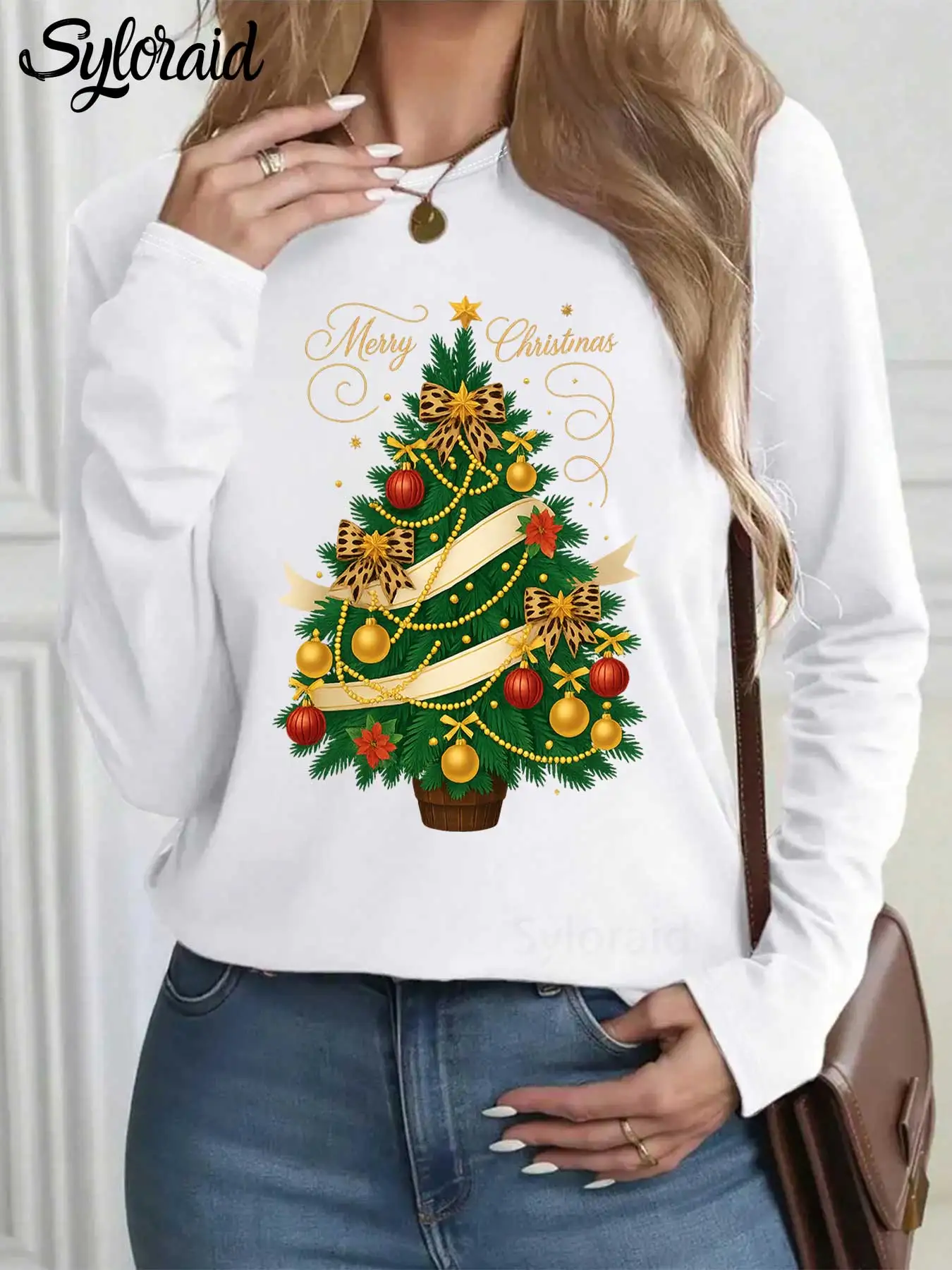 

Women's Long Sleeve T Shirt Merry Christmas Bow Tree Print T Shirt Fashion Round Neck Casual Top