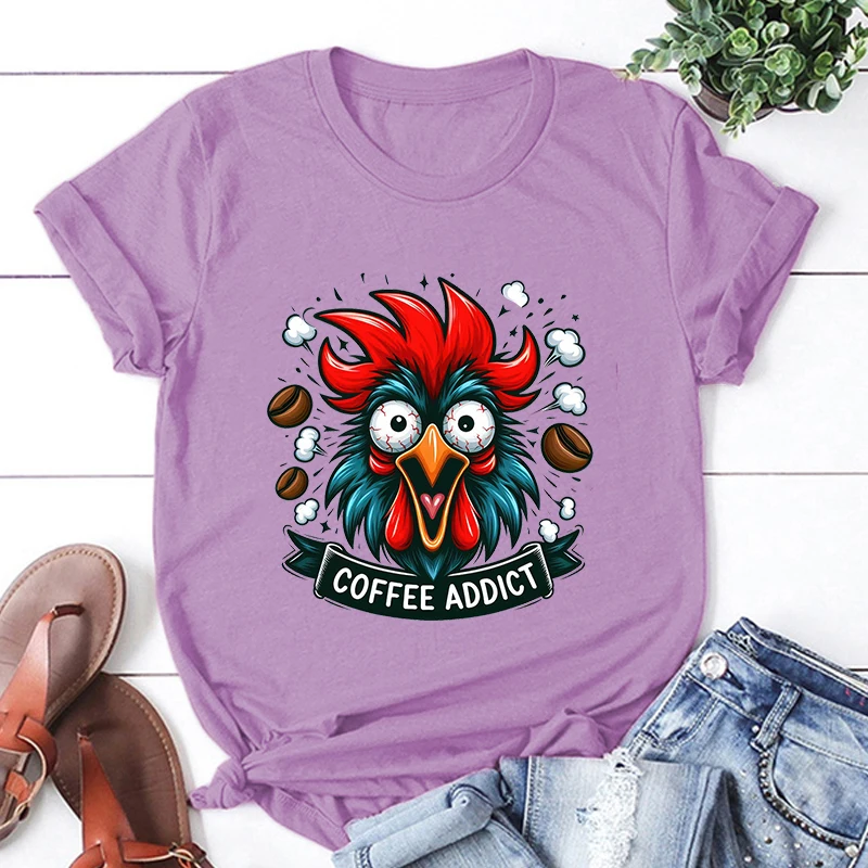 

Funny Chicken Coffee Addict Print T-Shirt Men Women Loose Short Sleeve Round Neck Top Unisex Casual Shirt Tees