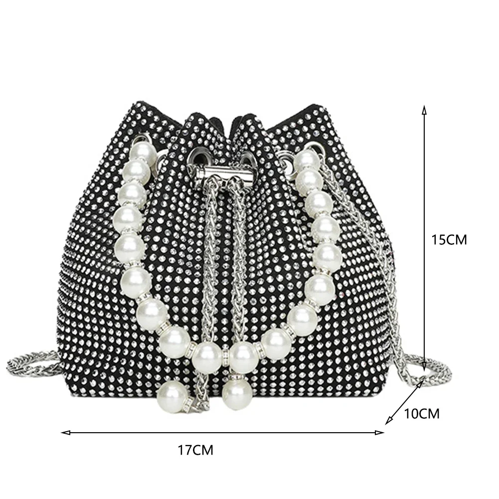 Fashion Rhinestone Shoulder Crossbody Bucket Bag Women Evening Clutch Drawstring Pearl Chain Shiny Exquisite Handbags Purse