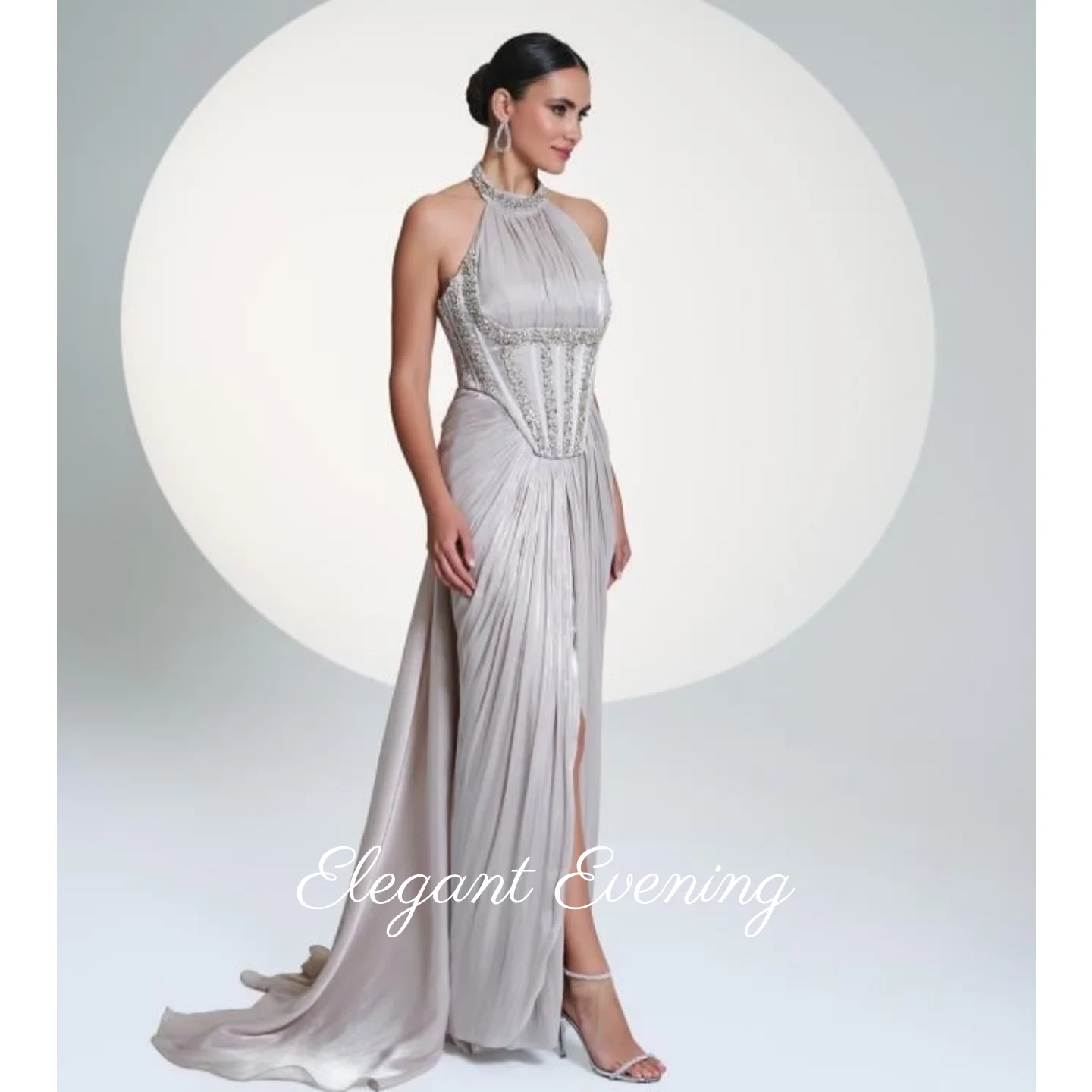 Elegant Chiffon O-Neck Prom Dress Crystal Beadings Evening Dress Backless Sequins Saudi Arabia Wedding Party Dress Customized