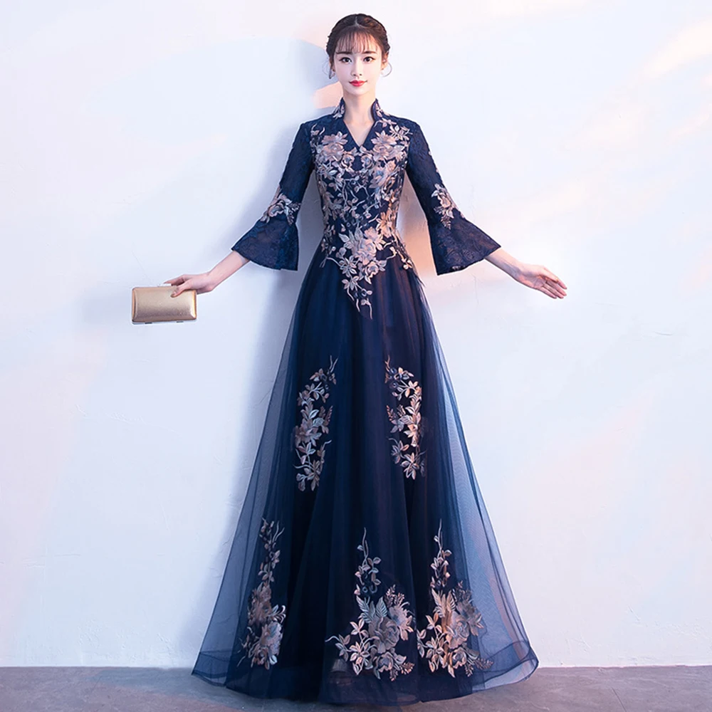 Navy Blue Women's Elegant Evening Dress Half Flare Sleeves Slim Fit A-Line Party Vestido Stand Collar Chinese Style Prom Gown