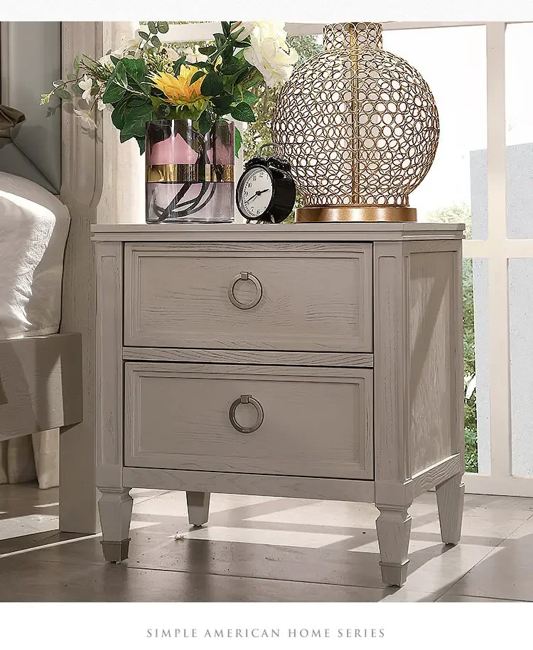 b11-7.2 PYH Light Luxury Light Gray Solid Wood Nightstand, Bedroom Simple Modern All-Solid Wood Nightstand, Two Drawers