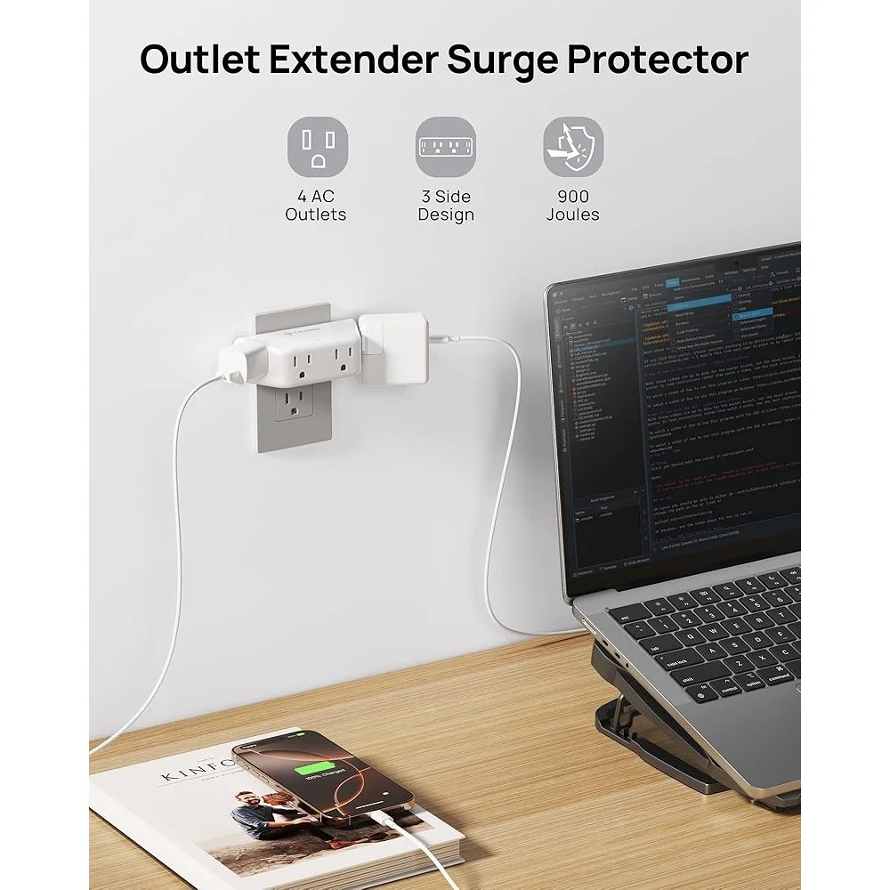 Outlet Extender Surge Protector with 4 Grounded Sockets 3 Way Angled Plug Adapter Compact Electrical Wall Power Splitter 900J
