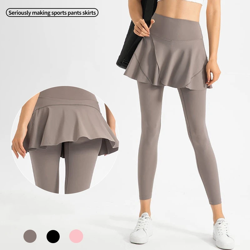 Autumn Fake Two Pieces Yoga Pants+Sports Skirt High Waist Stretch Yoga Pants With Pockets Tennis Badminton Short Sports Skirt