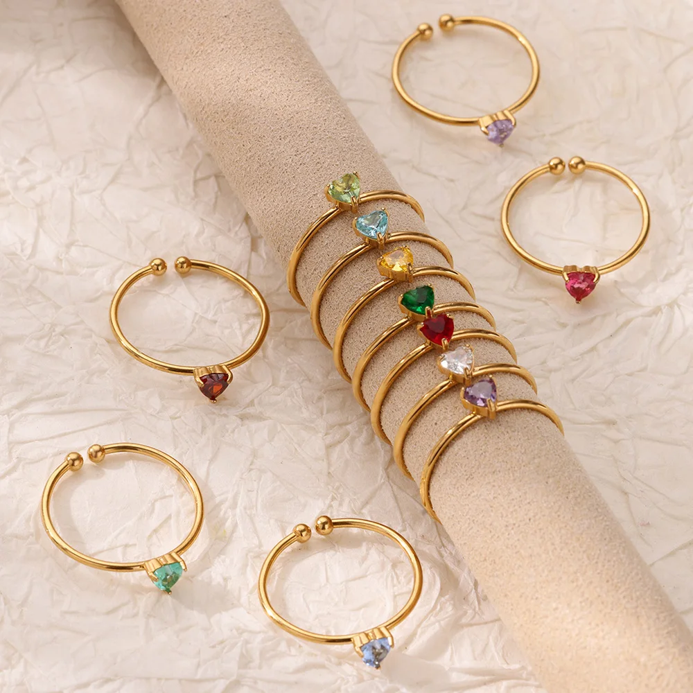 Colorful Heart Cubic Zircon Opening Rings For Women Fashion Dainty Gold Color Stainless Steel Princess Ring Jewelry Wedding Gift