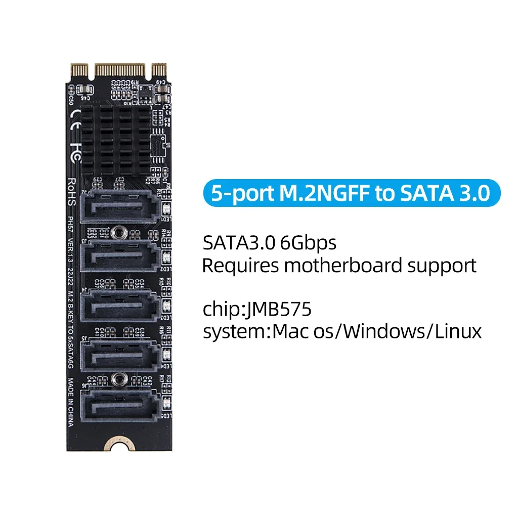 M.2 zu SATA 3.0 Riser Karte M2 M-KEY PCI-E Erweiterungskarte 5/6 Port SATA3.0 Konverter für NVME NGFF zu SATA SSD Adapter Karte 6 Gbit/s