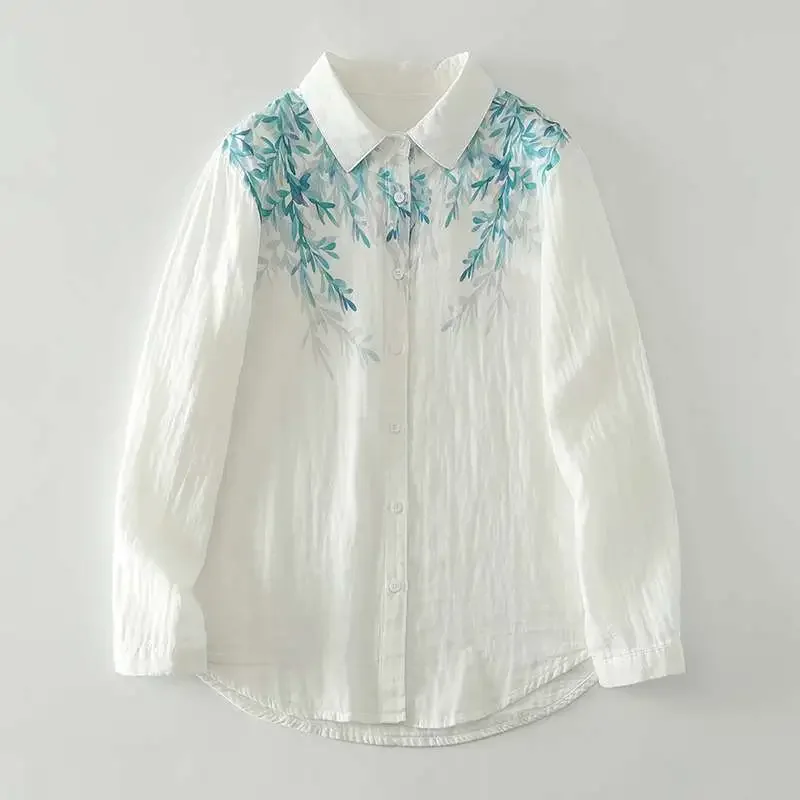 

Women's Cotton Gauze Watercolor Floral Print Shirt Loose Long Sleeve Button Down Blouse