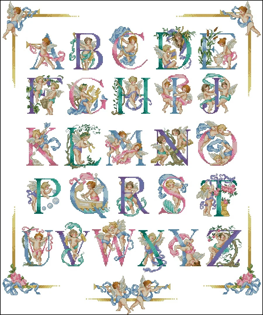 

Angel Boy Alphabet Counted Cross Stitch Kit, Embroidery, Needlework and Handicraft, Home Decor Paintings, ABC-63-75, 11CT, 14CT