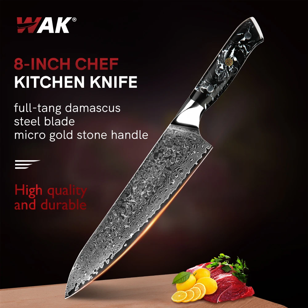 WAK 8\'\' Chef Knife Kitchen Tool 67 Layers Damascus Steel Full Tang Meat Vegetable Cutting Tool with Micro Gold Stone Handle