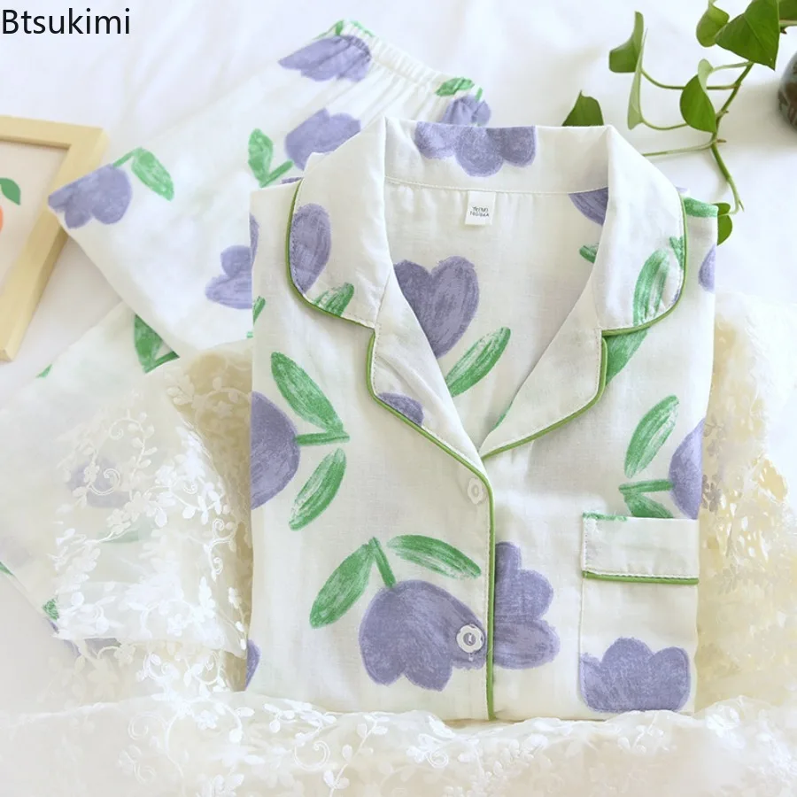 

Women's Loose 100% Pure Cotton Home Suit Set with Gauze Printed Cotton Long Sleeved Pants Sleepwear Set Home Suit Sleepwear Lady