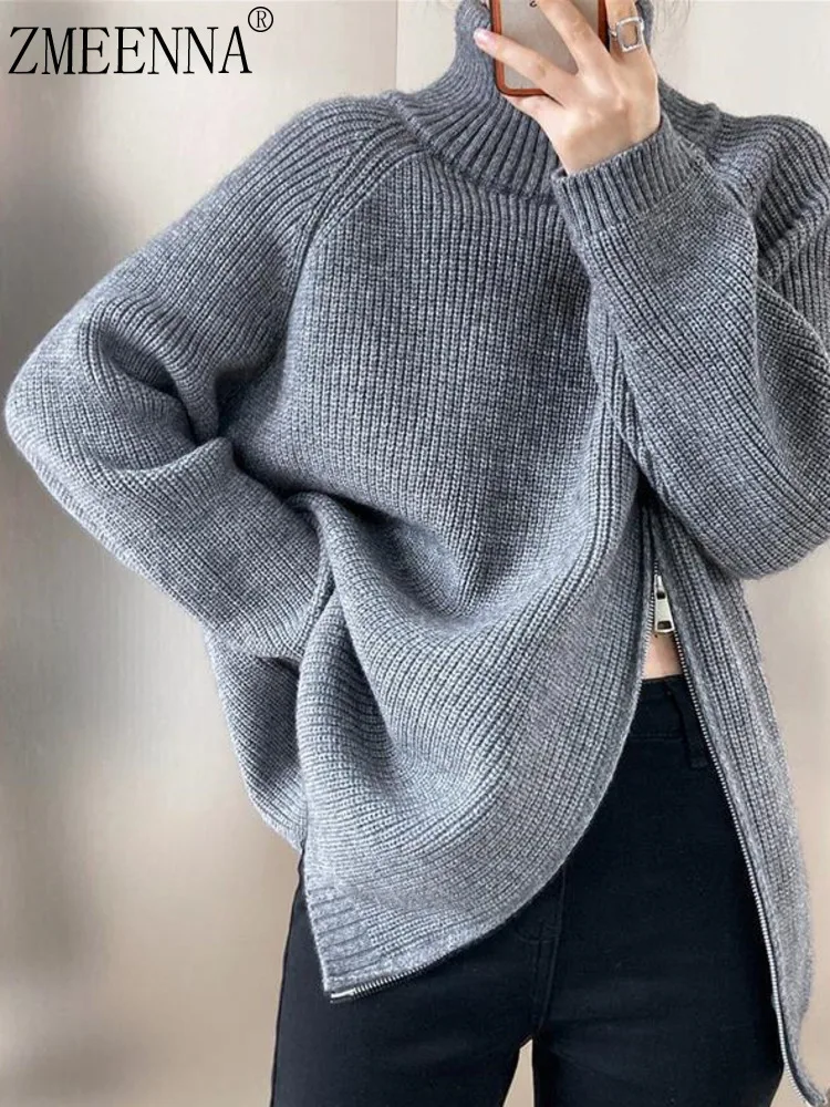 

ZMEENNA Women's Grey Half Zip Up Sweater With Turtleneck And Ribbed Texture Casual Loose Fit Pullover Top For Fall ZM3852
