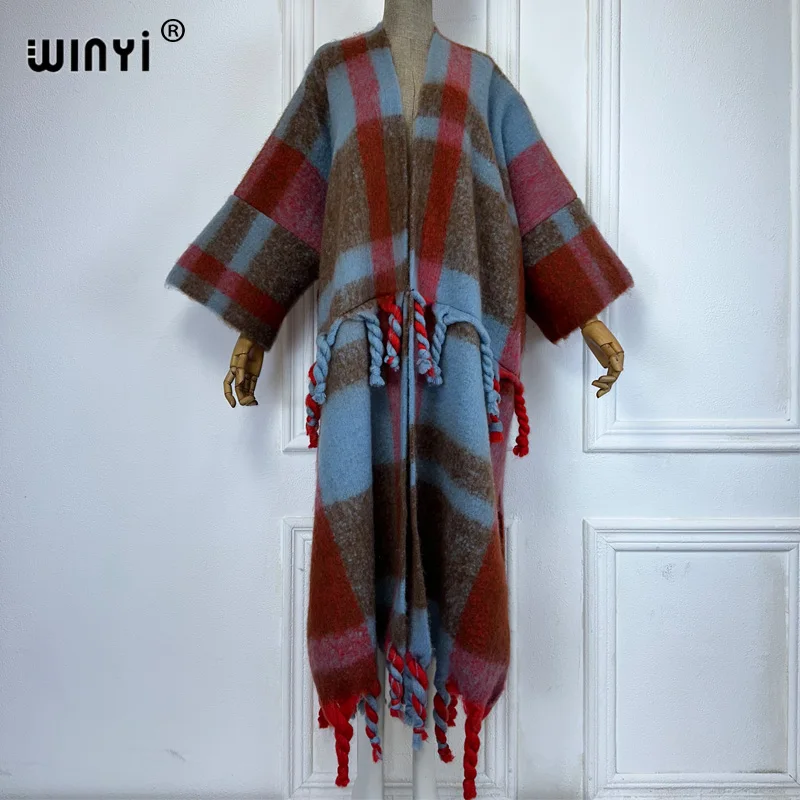 WINYI Winter African cardigan print abaya dubai luxury outfits for women Fringed coat Open Front Kimono long down party dress