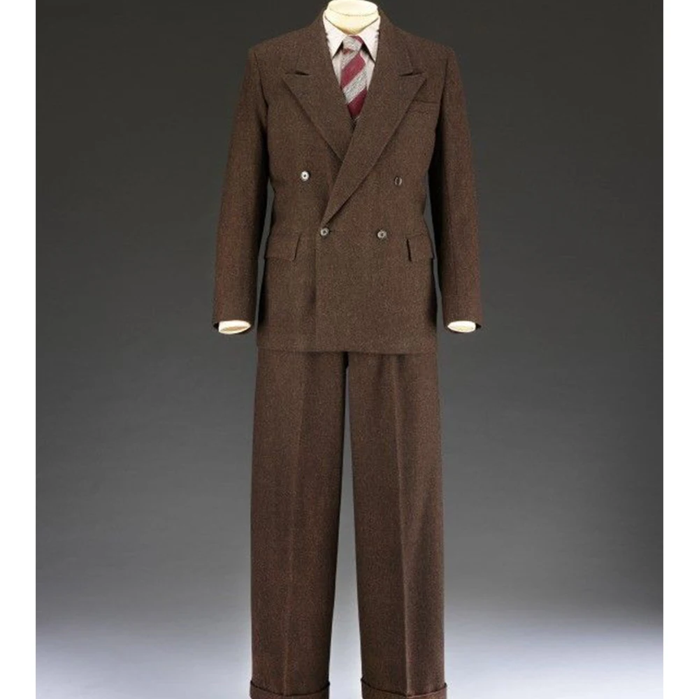 

Vintage Gentleman Dark Brown Variegation Men‘s Double-Breasted Suit 2 Piece Jacket Pants Set Peak Lapel SlimOffice Party Male