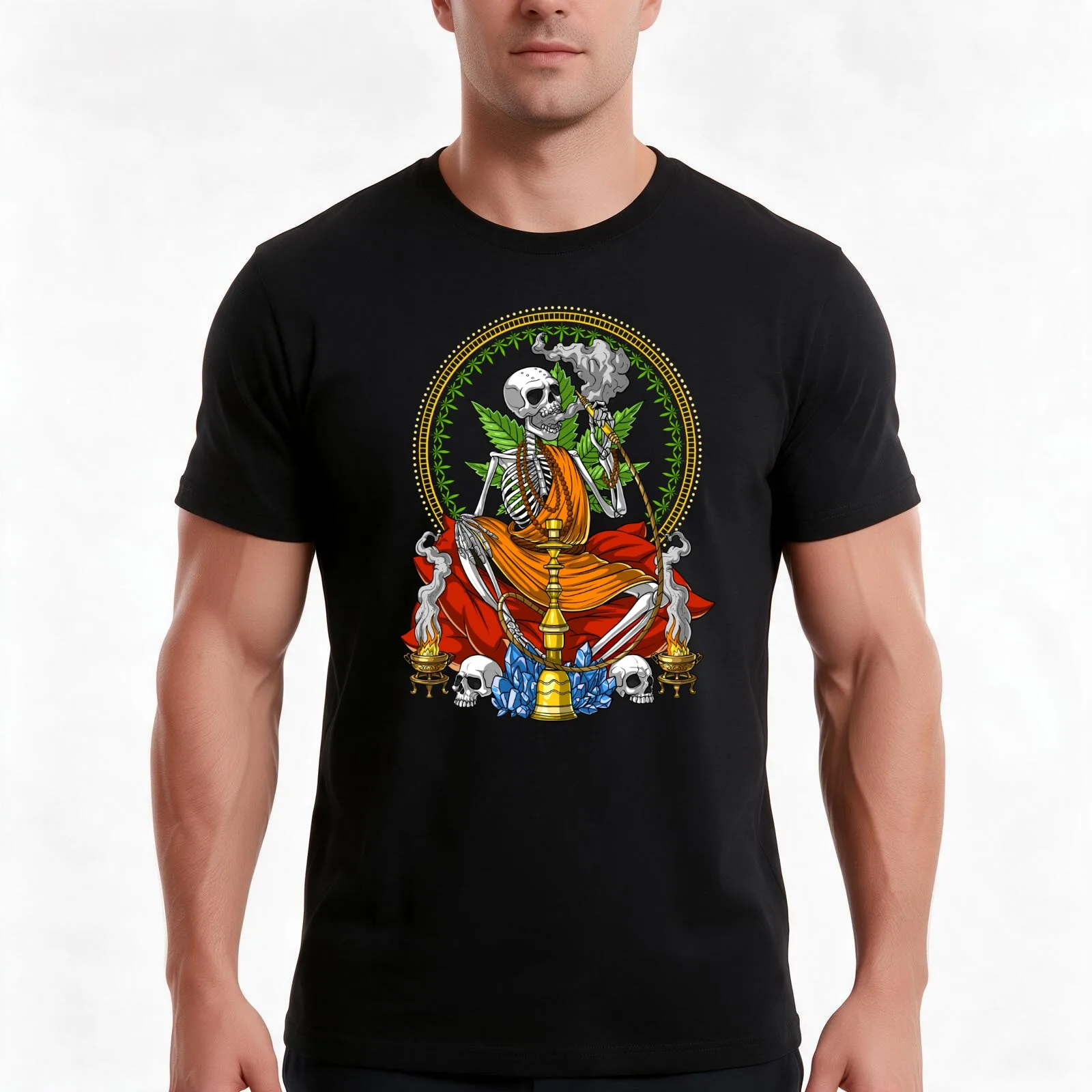 Skeleton Buddha Stoner T-Shirt, Summer Casual Cotton Tee, Oversized Streetwear Tops, Vintage Graphic Print, Unisex Men Women