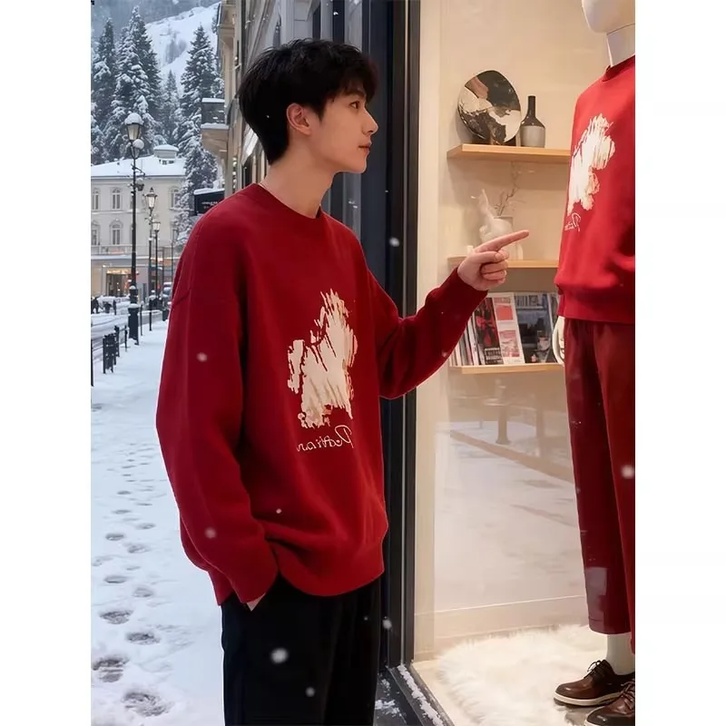 

Red Knitted Sweater Men's Autumn Winter American Sle Heavy Cisas Engagement Dinner Couple Base Layer Overhead
