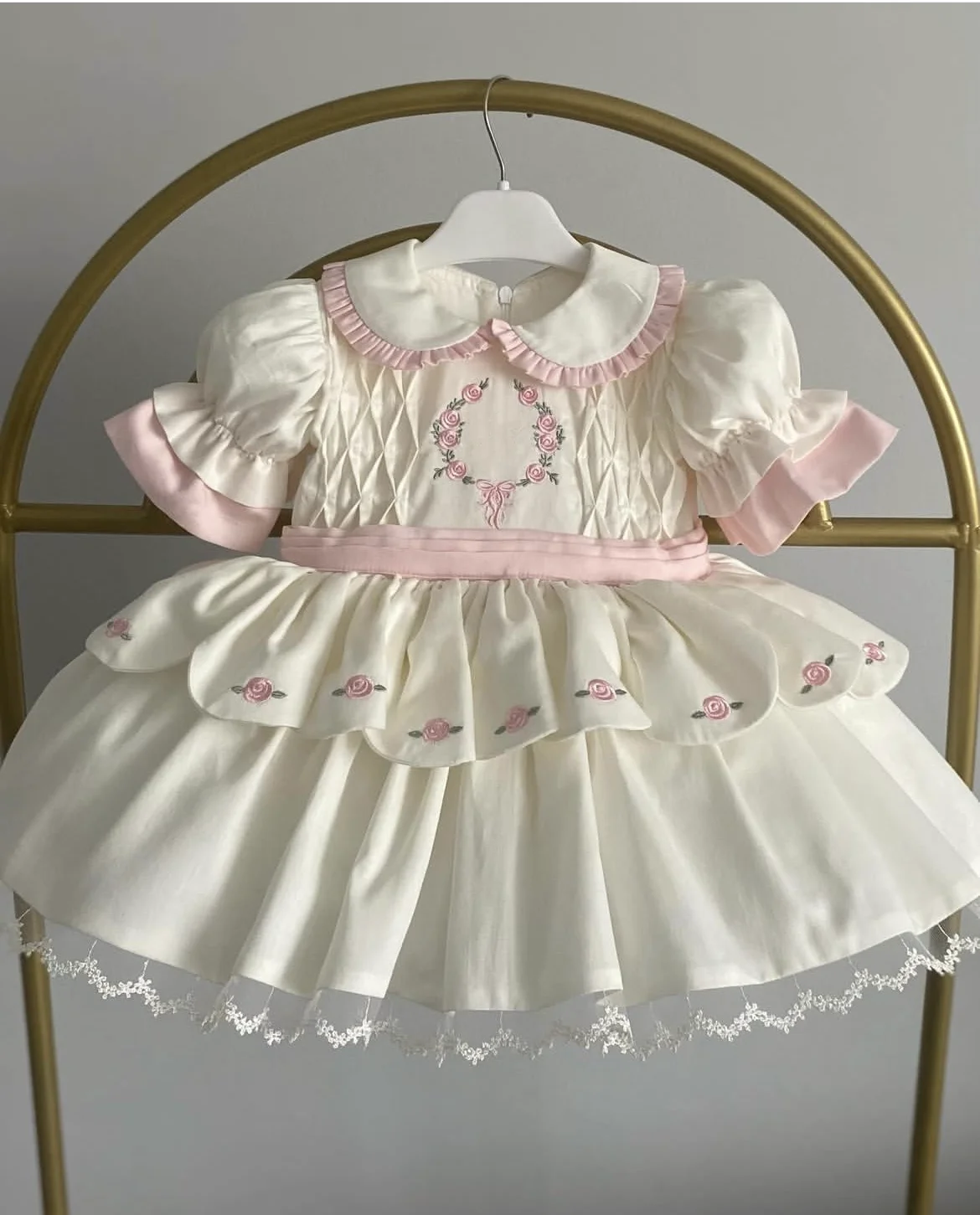

0-12Y Baby Girl Pink Rose Embroidery White Vintage Princess Dress for Holiday Birthday Photography B277