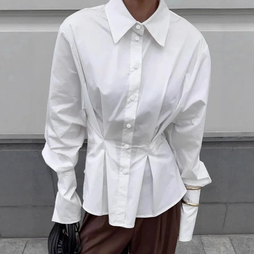 

2026 Spring New Workplace Fashion Pleated Waist Cinched Puff Sleeve White Shirt Women Blouse