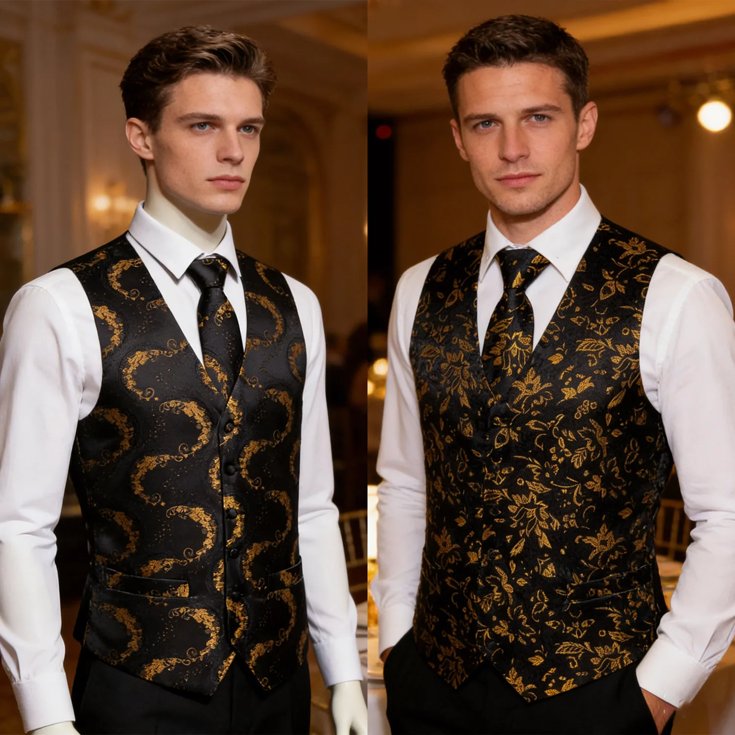 Men's Luxury Golden Black Floral Paisley V-Collar Vest Waistcoat With Hankerchief Cufflinks Fit Wedding Party Gift Daily