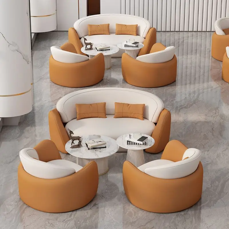 Nuevo sofá de negociación para negocios, de cuero, estilo artístico, para vestíbulo, creativo, de ocio, mesas y sillas de recepción, naranja y blanco.
