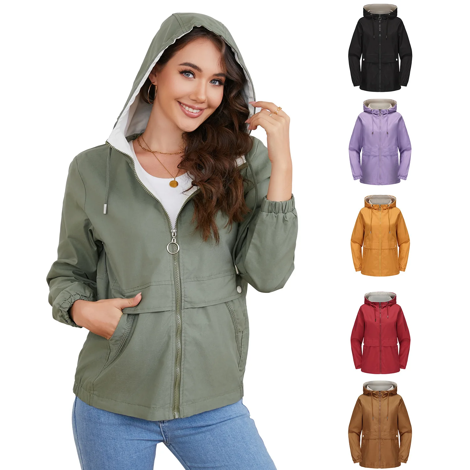 Trench coat feminino para escritório, confortável, versátil, moda, fecho com zíper, resistente ao vento, resistente à água, bolso frontal, agasalhos
