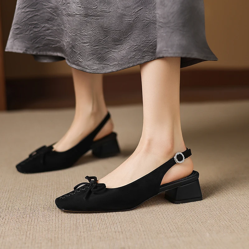 2026 new Spring summer women sandals natural leather 22-25cm kid suede+sheepskin square toe butterfly-knot low heel women shoes