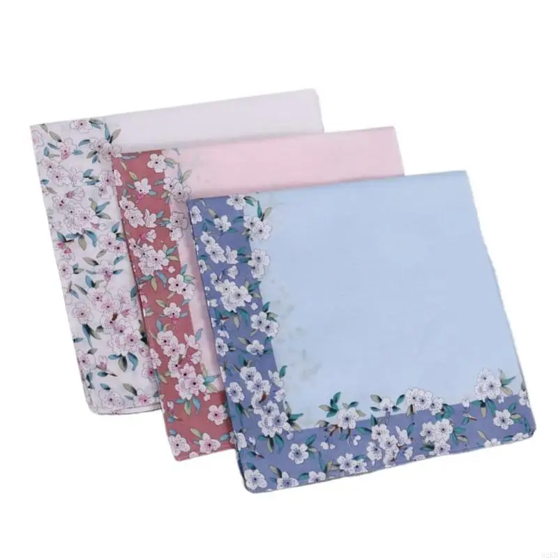 62KD Women Cotton Handkerchief Soft and Friendly Flower Pinted Pocket Towel for Lady