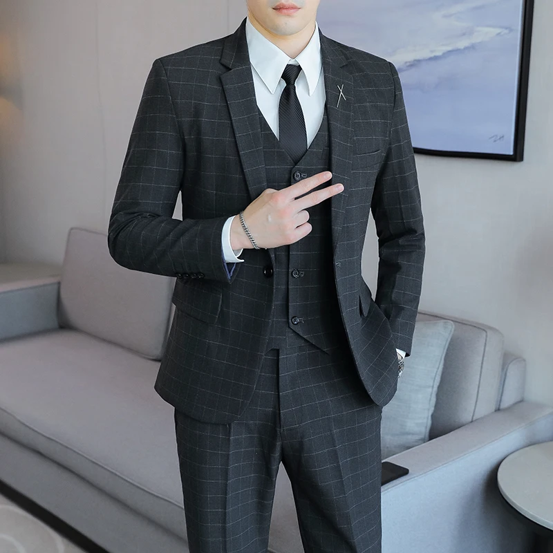 2024 new high-quality plaid suit (suit + vest + trousers) Business fashion handsome wedding casual three-piece set