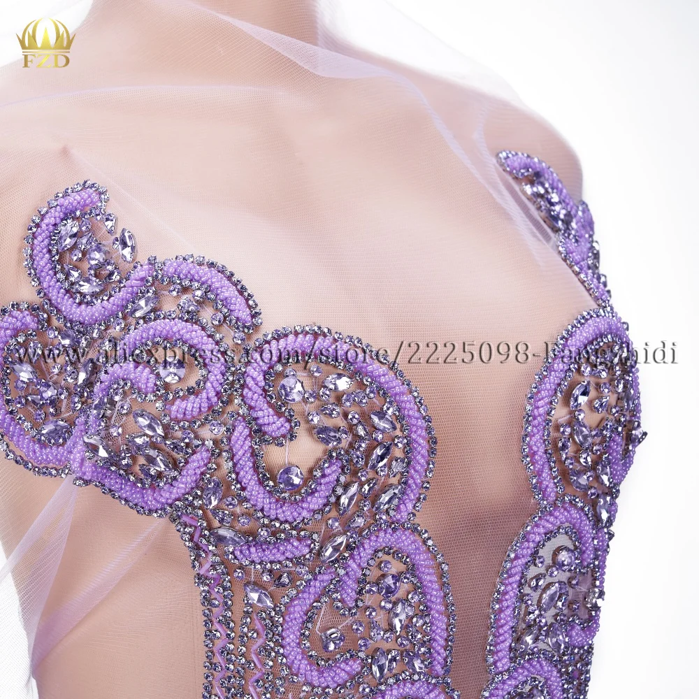 FZD 1 PCS Purple Crystal Rhinestones Beads Bodice Patches Beads Apprarel for Wedding Dresses  Patches for Clothing Embroidery