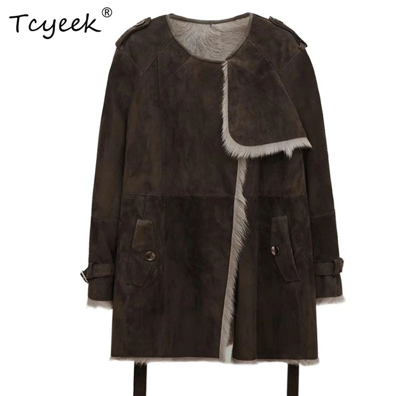 

Tcyeek Wool Autumn Winter High End Trendy Round Neck Coffee Color Medium Long Women's Wool Shearing Fur Coat Fourrures Femme