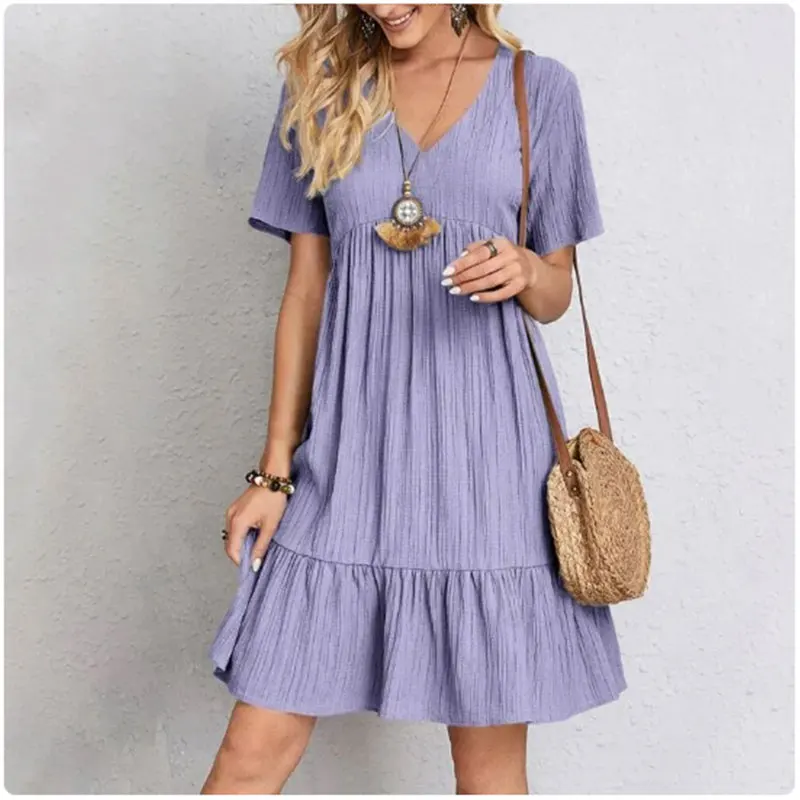 Vestido de verano para mujer con peplum, escote en V, manga corta, cintura suelta, volantes, corte evasé, para vacaciones 3