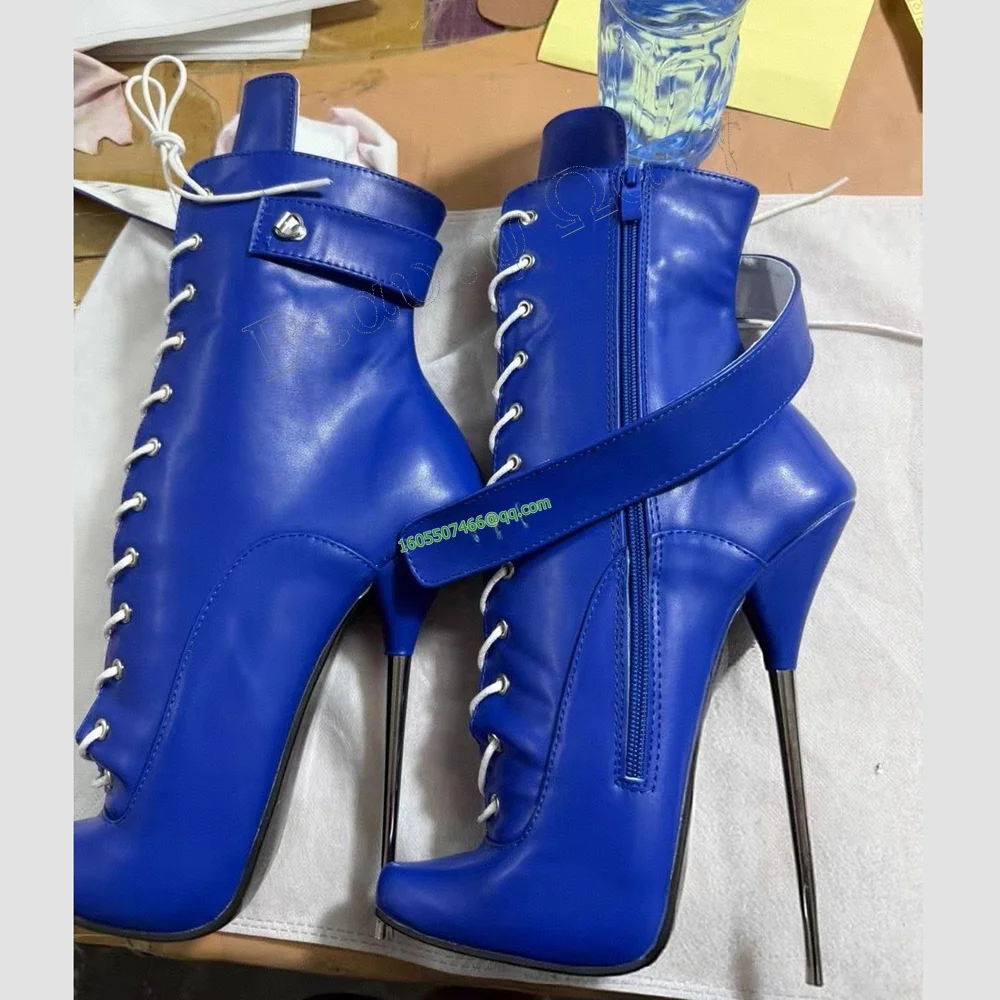 

Blue Metal Heel Side Zipper Boots Cross Tied Spike Heel Pointed Toe High Shoes for Women High Heels Shoes Zapatos Para Mujere