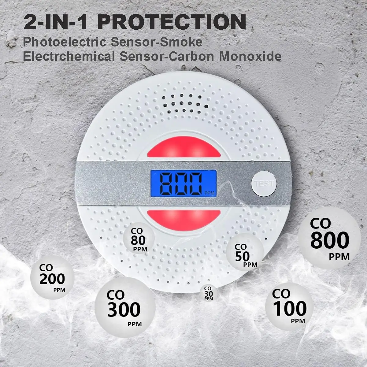 2 In 1 Smoke and Carbon Monoxide Detector, Combination Smoke & CO Alarm With LCD Display LED Lights and Sound Alert,Fire Protect