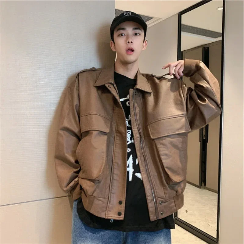 2023 New Men Korean Style Coat Autumn Winter Fleece Thickened Young Students Fashion Casual Large Size Leather Jacket