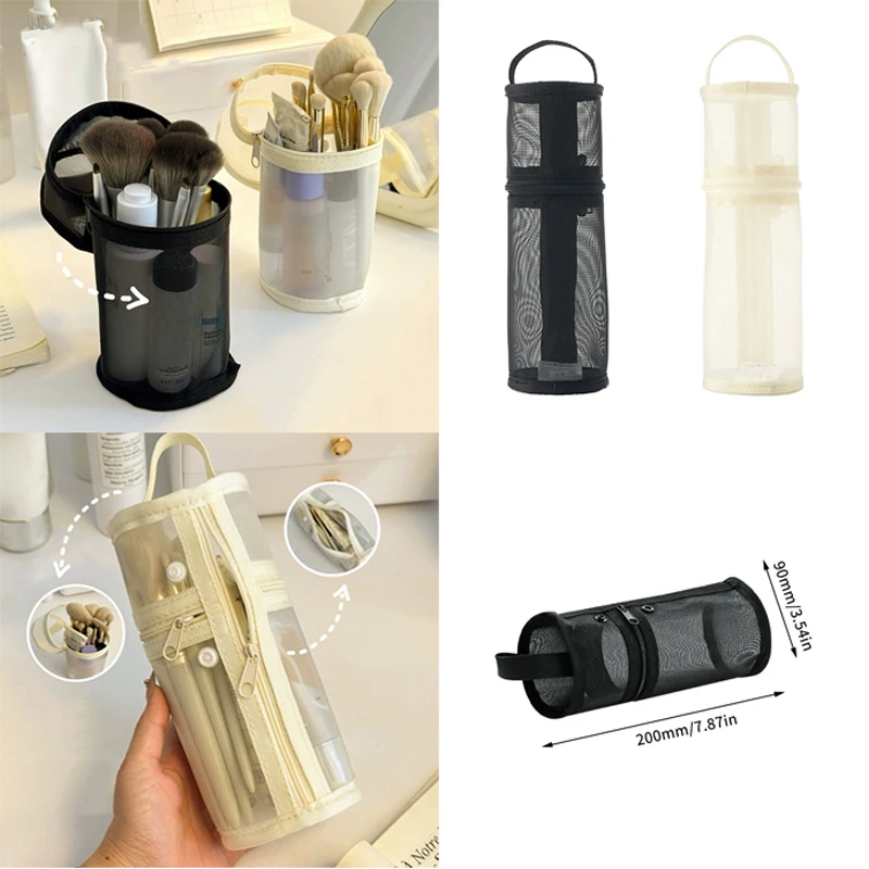 [G331]Mesh Dual-use Makeup Brush Storage Bag Portable Large Capacity Brush Case Travel Stand-up Pouch with Bucket Holder Simple