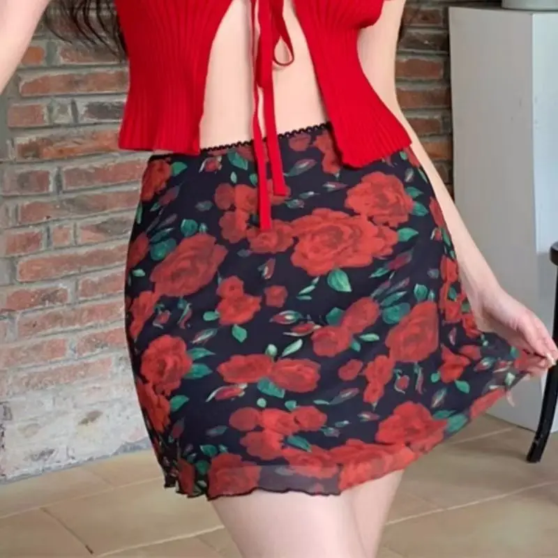 Vintage Rose Print Mini Skirt Double Layered Mesh Skirt Women High Waist A-line Harajuku Y2k Casual Fashion Short Skirt