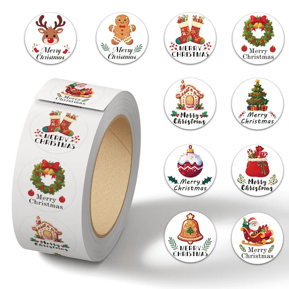 500Pcs Round Merry Christmas Stickers Holiday Tag Decals for Gift Baking Package Envelope Stationery DIY Decor