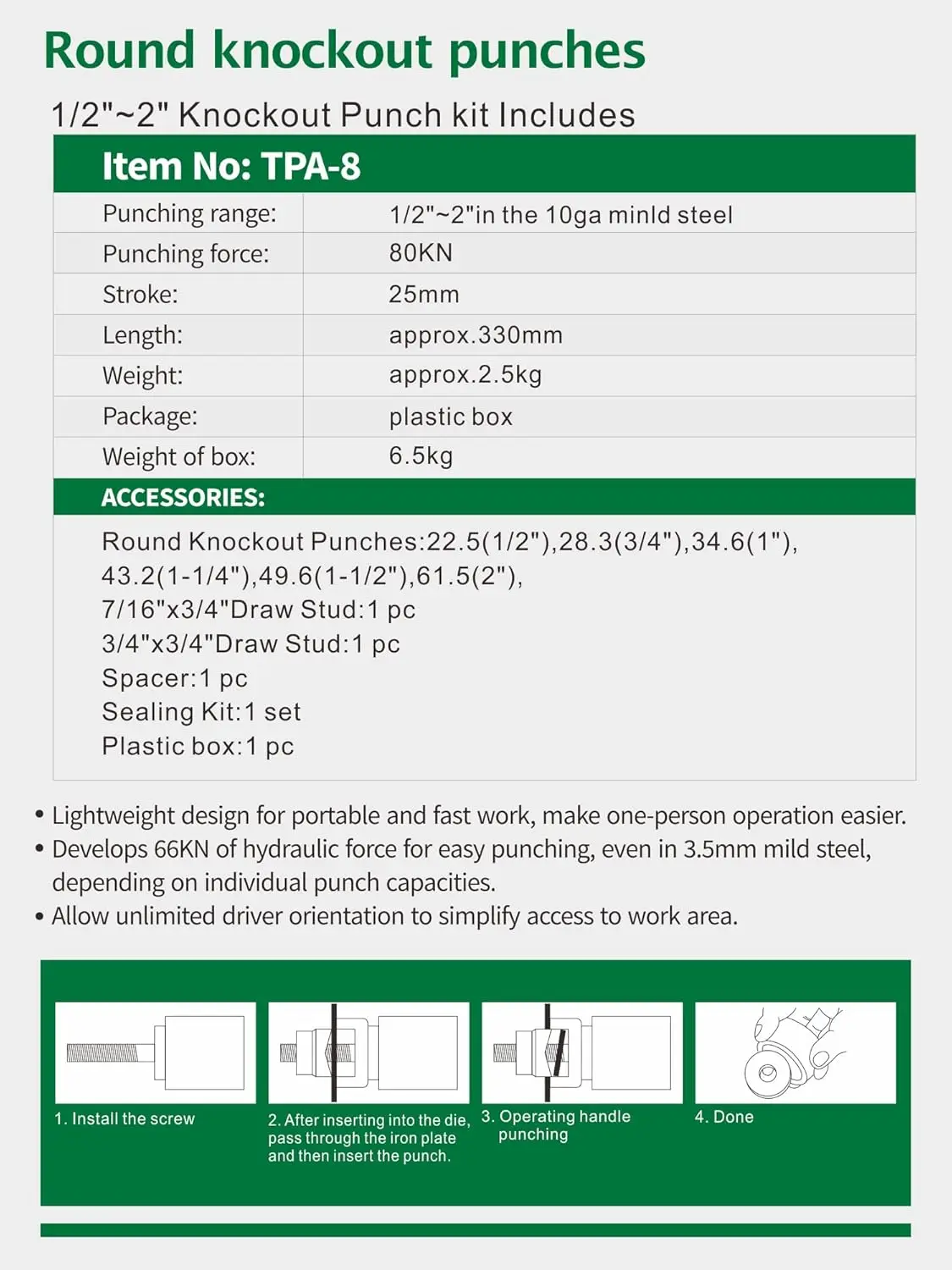 Hydraulic Knockout Hole Punch Driver Kit 1/2 To 2 Inch Electrical Conduit Hole Cutter Set Ko Tool Kit Metal Sheet Puncher