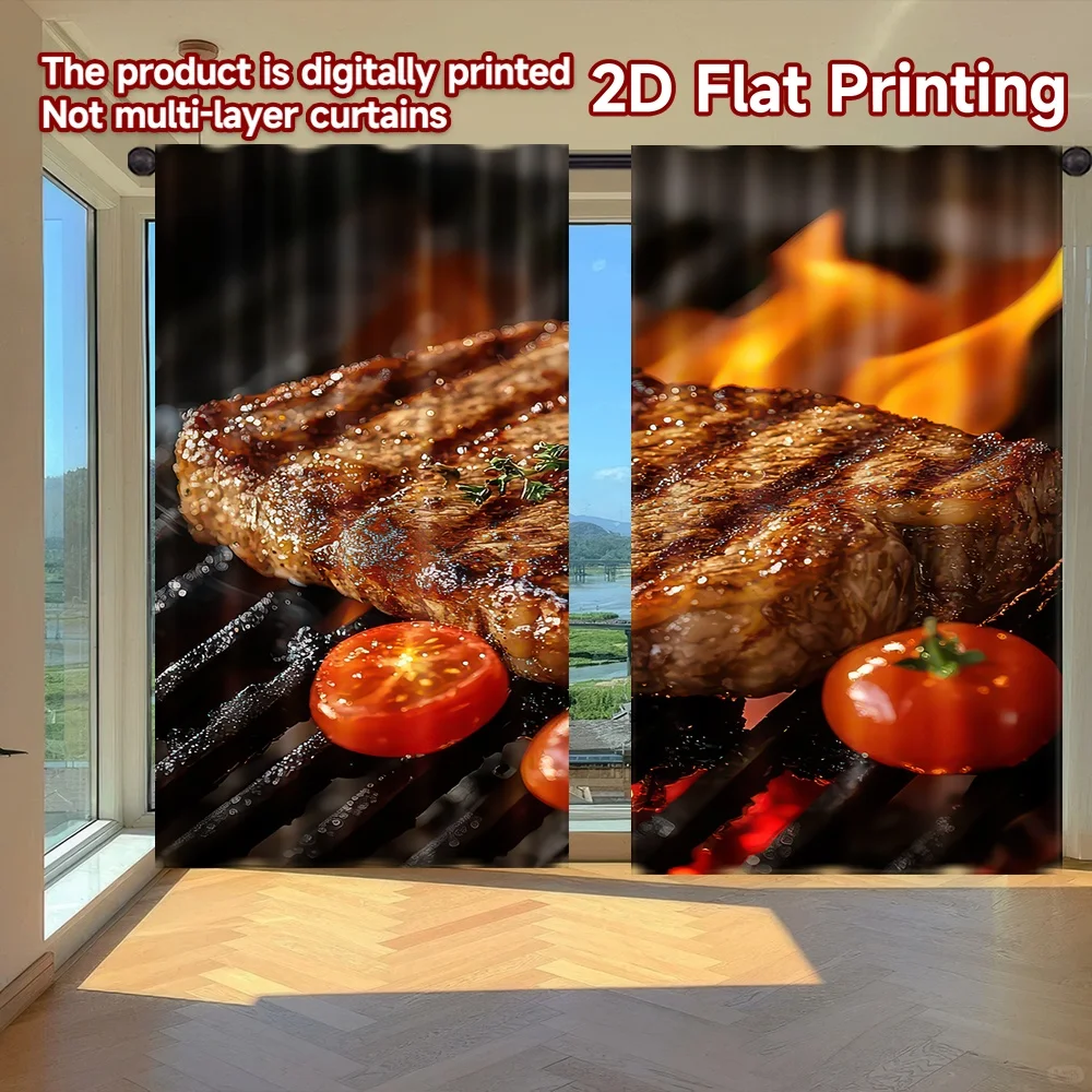 

2D flat printing 2pcs Drapes Grilled Steak with Tomatoes Digital Printed Polyester Drapes Holiday Decorations Perfect for