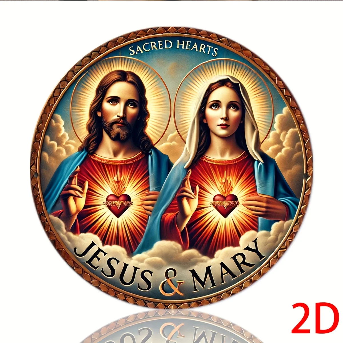 2D-Flach, 1 Stück Jesus & Maria Heilige Herzen Religiöse Metall-Wandkunst - Vintage 2D-Flach-Eisenschild mit strahlenden Herzen & Wolken, 7,87x