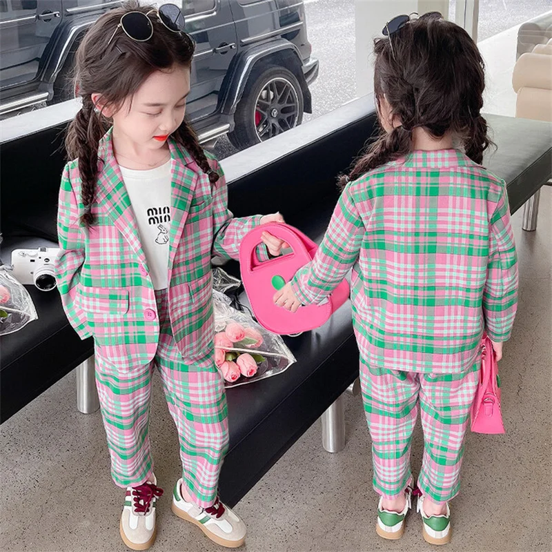 Girls Coat +Pants Kids Suits 2PCS/Set 2024 Formal Spring Autumn Cotton Teenagers School Uniforms Cotton Children Clothing