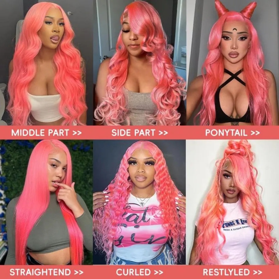 Wig Rambut Manusia Pink Model Body Wave 13X6 Hd Lace Frontal Wig 100% Rambut Manusia Wig Lace Front Berwarna Preplucked Rambut Brasil 38 Inch