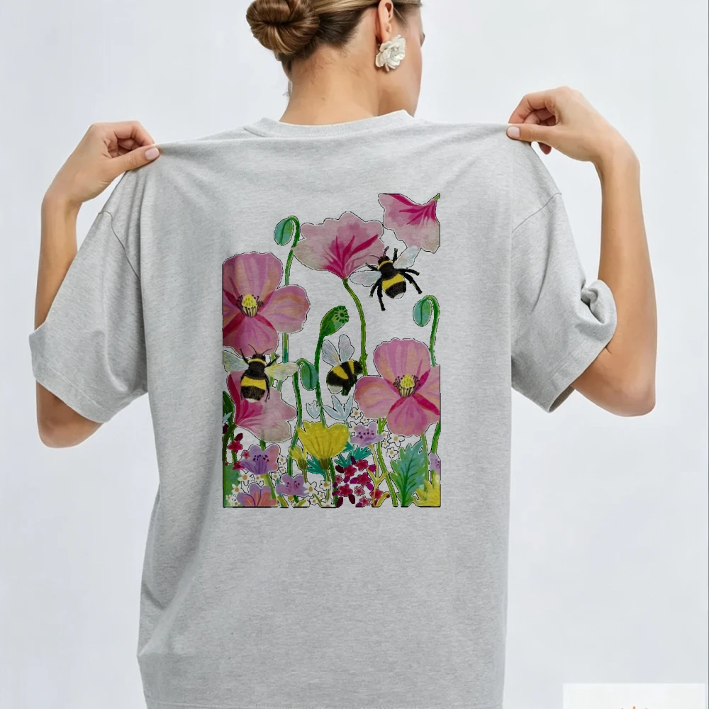 Floral Bee Garden Cotton T-Shirt with Watercolor Pink Flowers Yellow Center Green Stems Bumblebees Gray Crew Neck Short Sleev