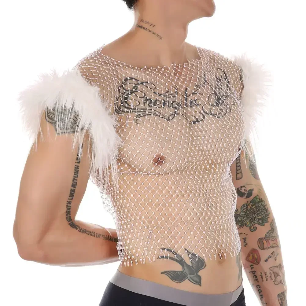 Men Sexy Fish Net Mesh Sleeveless Feather Vest Hollow Out Gym Training Tank Top Sport Clothing Underwear Square Neck Men's Vest